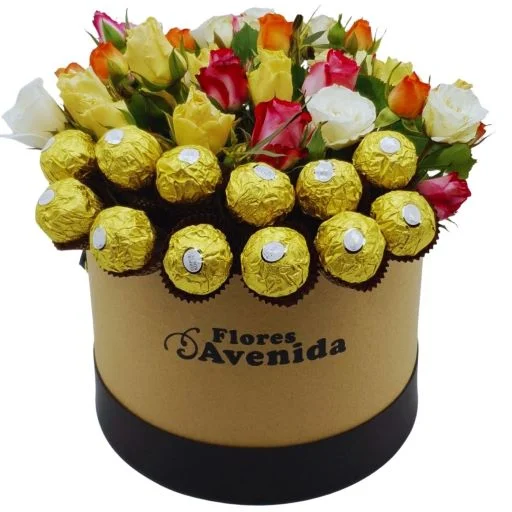 Caja pote flores rosas spray y bombones rocher